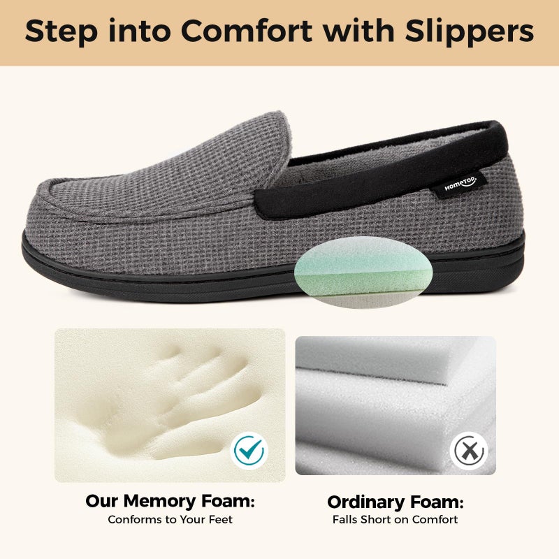 HomeTop Men's Comfort Memory Foam Moccasin Slippers, Breathable Cotton Knit Terry Cloth House Shoes for Indoor Outdoor (10 D(M) US, Dark Gray) - Image 3